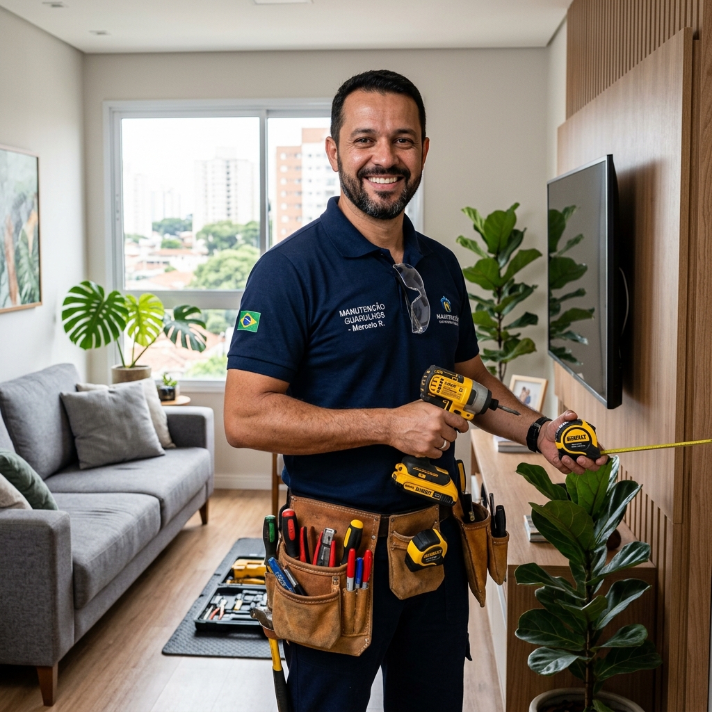 Técnico uniformizado Marido de Aluguel em Guarulhos realizando manutenção residencial